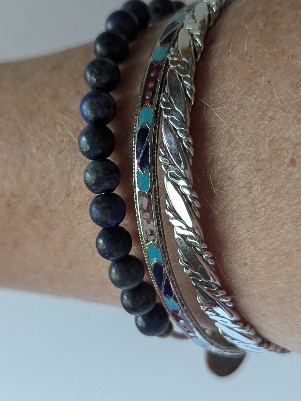Silvertone and Blue Beaded Stackable Bracelet Set - Picture 2 of 9